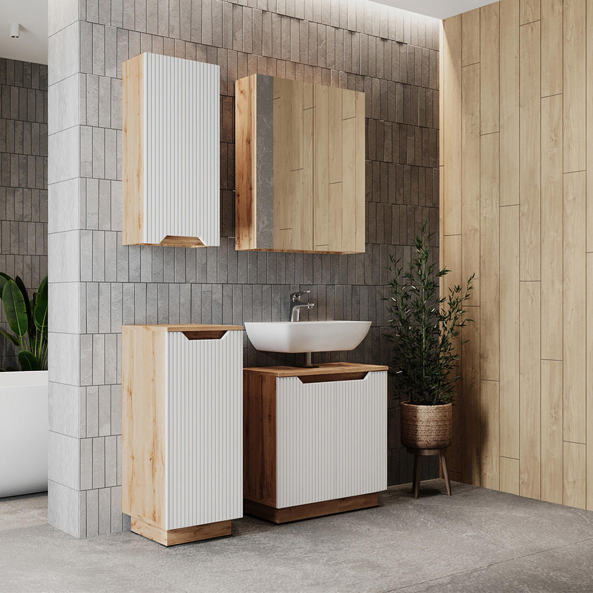 BADMÖBEL-SET Lotta Eiche/weiß gestreift 4 Teile - Eichefarben/Weiß, Holzwerkstoff (59.8/62.1/32cm) - Vicco