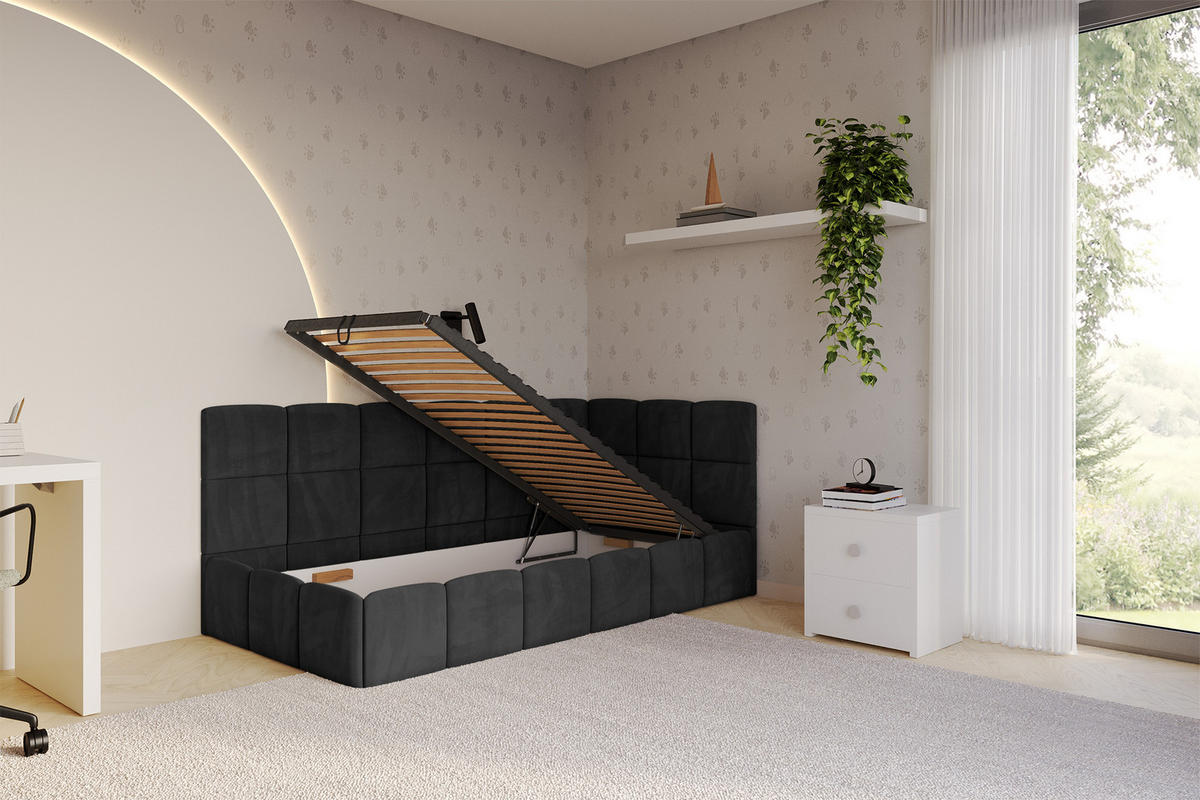 EINZELBETT Jugendbett mit Bettkasten Links, mit Matratze - LIVY 80x200 Schwarz - Schwarz, Holzwerkstoff/Textil (80/200cm) - ALTDECOR