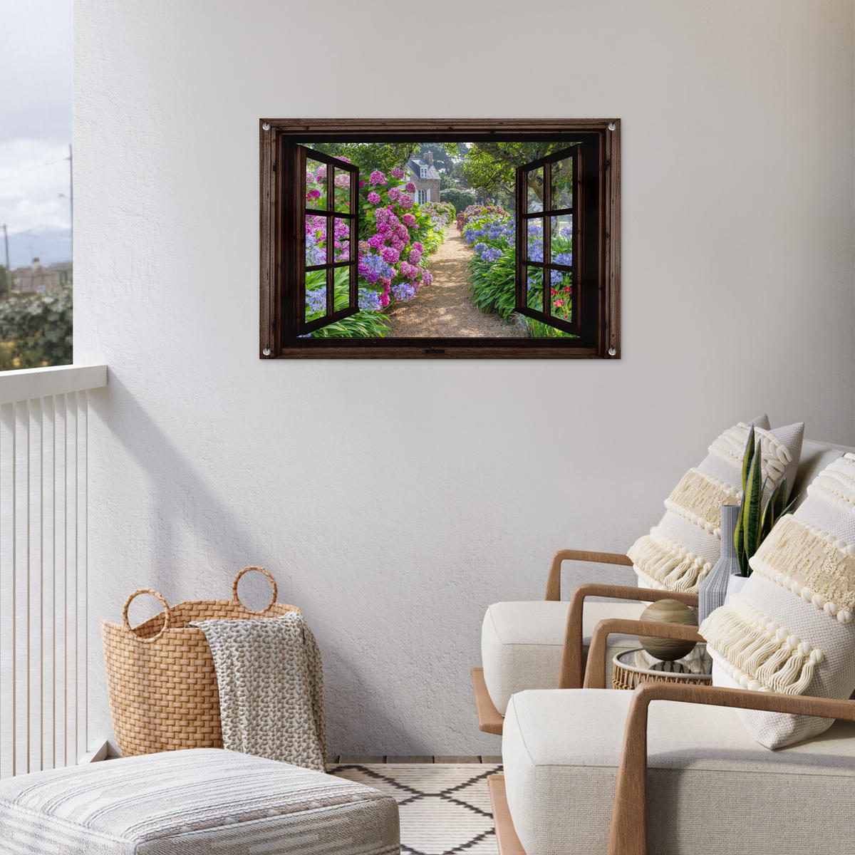 ZAHRADNÍ PLAKÁT Hortenzie - Průhledné - Květiny - Fialové - Příroda - Tmavě hnědé okno 90x60 cm - tmavě hnědá, plast (90/60/0.2cm) - OnlyWow