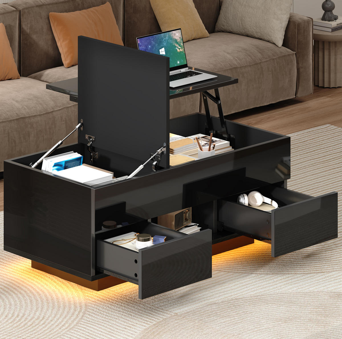 COUCHTISCH 100/45/43 cm Schwarz aus Holzwerkstoff mit höhenverstellbarer Tischplatte LED und 2 Schubladen - Schwarz, Holzwerkstoff (100/45/43cm) - OKWISH