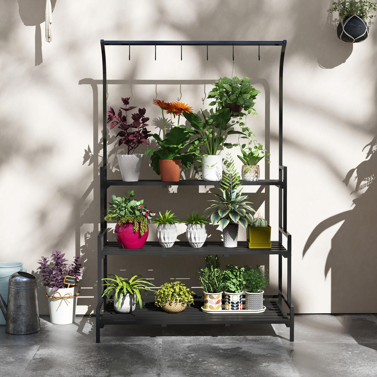 PFLANZENSTÄNDER, Pflanzentreppe, 3 Ebenen, mit 6 Haken, für Garten, Stahl, Schwarz - Schwarz, Holz/Metall (50/170/110cm) - Outsunny