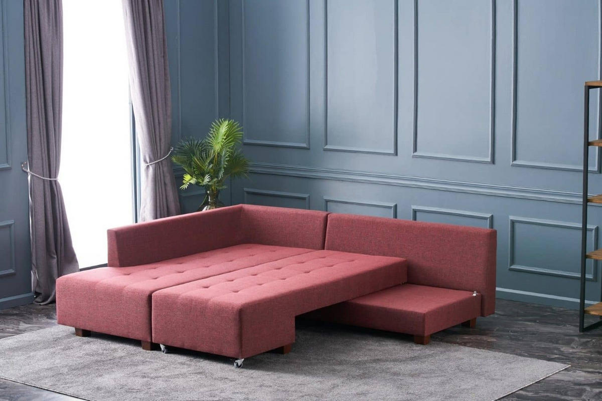 ECKSOFA mit rollbarer Schlaffunktion - Rot/Walnussfarben, Holzwerkstoff/Kunststoff (280/206cm) - myHomelando