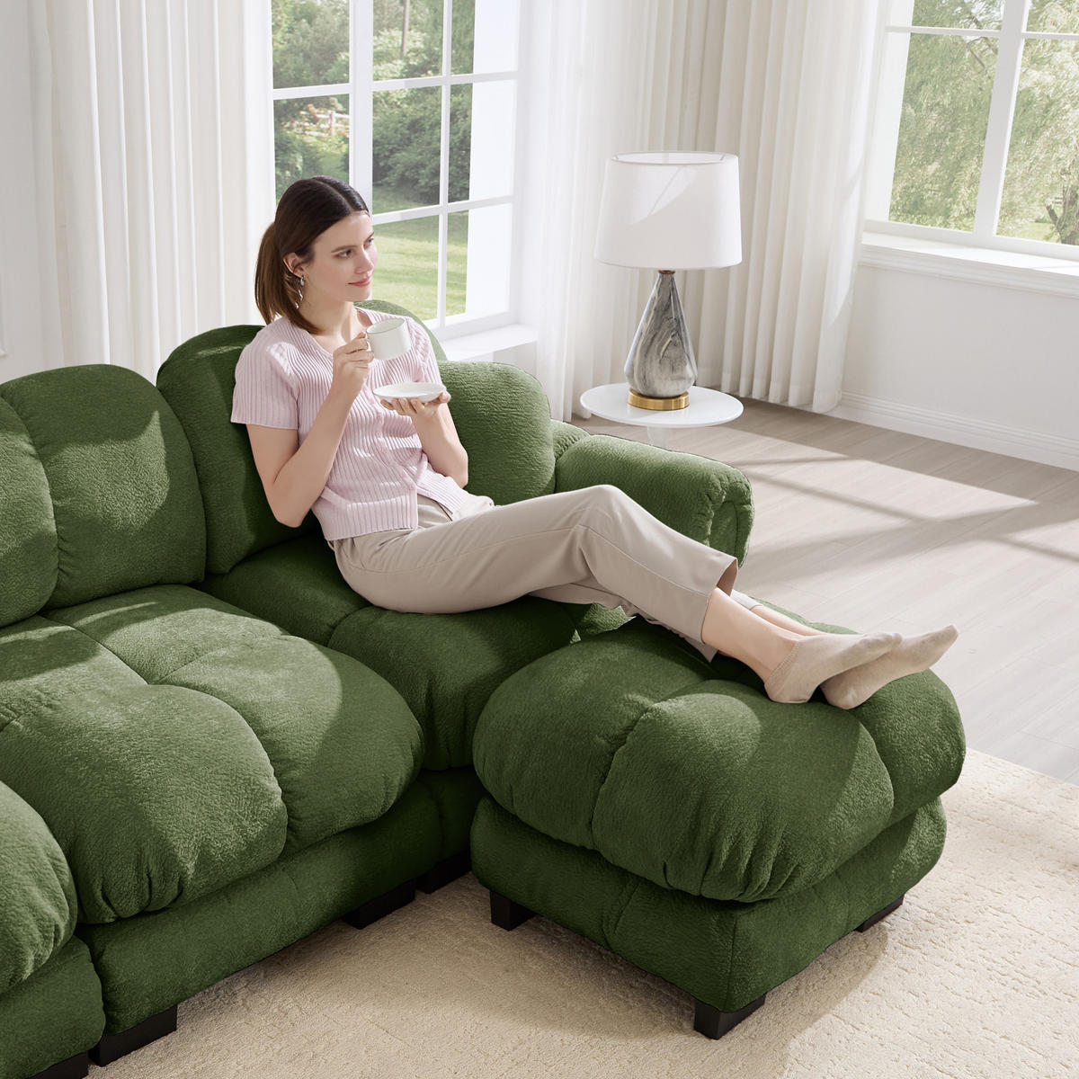 SOFA U-Form 3-Sitzer mit Hocker Chenille Grün - Grün, Holz (149/90/260.1cm) - Meubliv