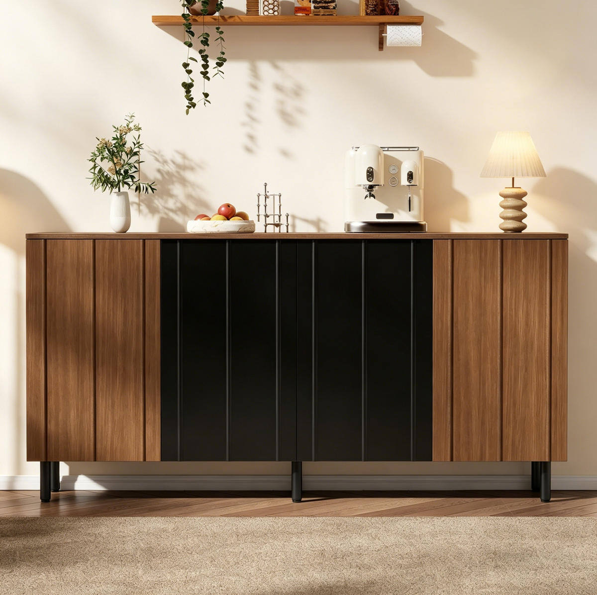 SIDEBOARD 160/35/80 cm walnussfarben/schwarz aus Spanplatte mit 4 Türen - Walnussfarben, Holzwerkstoff (160/80/35cm) - OKWISH