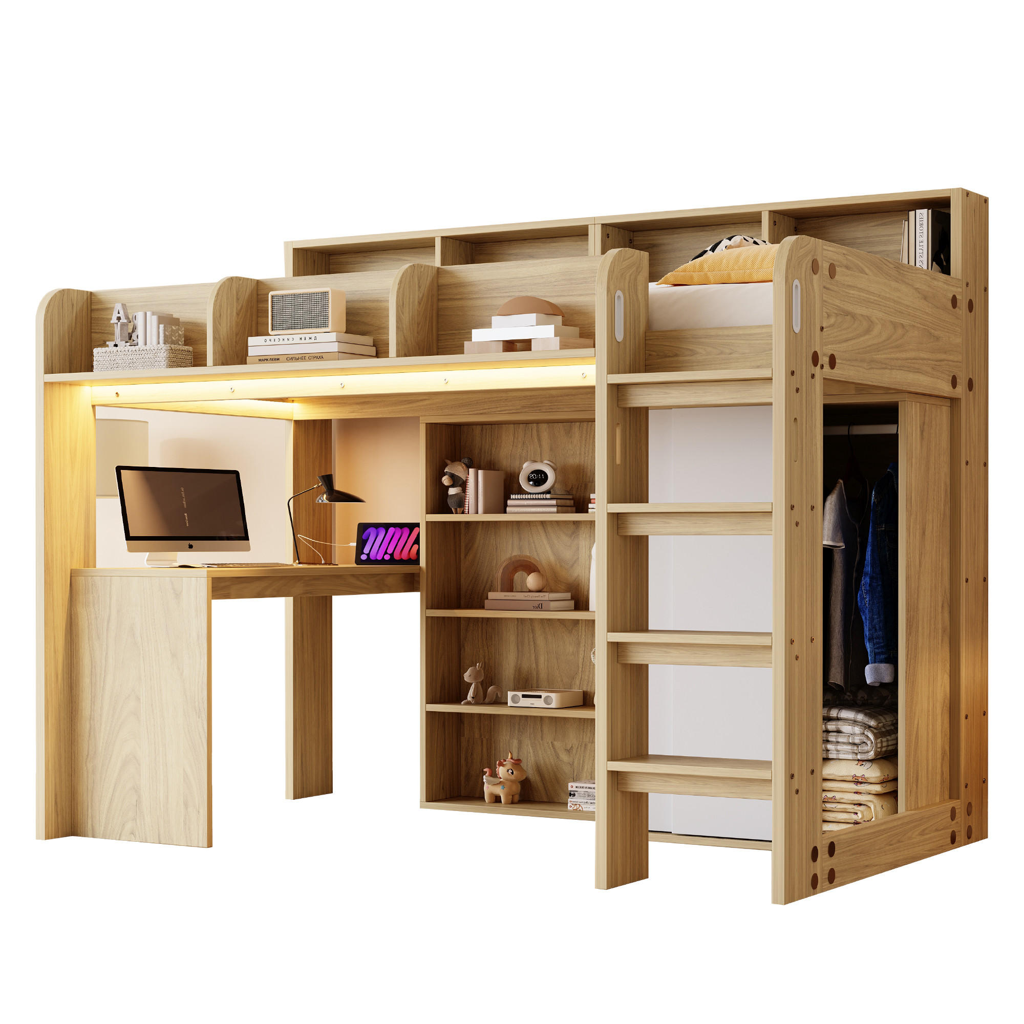 HOCHBETT 90/200 cm natur aus MDF mit Schreibtisch LED und Steckdose - Naturfarben, Holzwerkstoff (90/200cm) - OKWISH