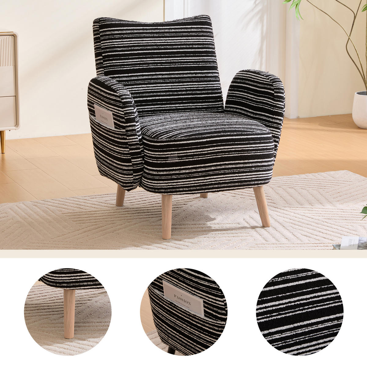 SESSEL 77/81/87 cm in Schwarz aus Bouclé mit Seitentasche - Schwarz, Textil (77/87/81cm) - BEAOK
