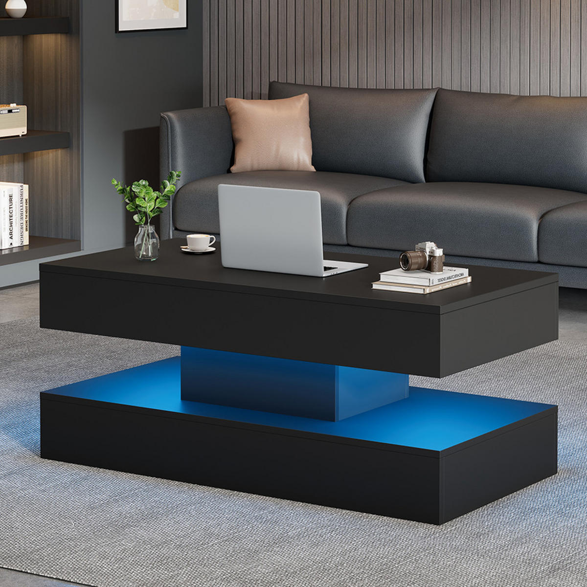 COUCHTISCH 100x50cm Schwarz LED Hydraulik Hub Versteckter Stauraum 50kg - Schwarz, Holz (110.5/63.5/14cm) - FLIEKS