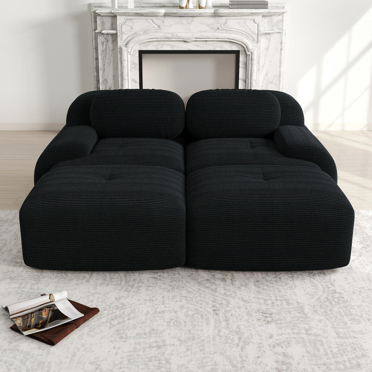 2-SITZER-MODULSOFA aus Cordstoff Schwarz rahmenlos mit ergonomischen Armlehnen und rutschfester Unterseite - Schwarz, Textil (208/75/178cm) - Modfu