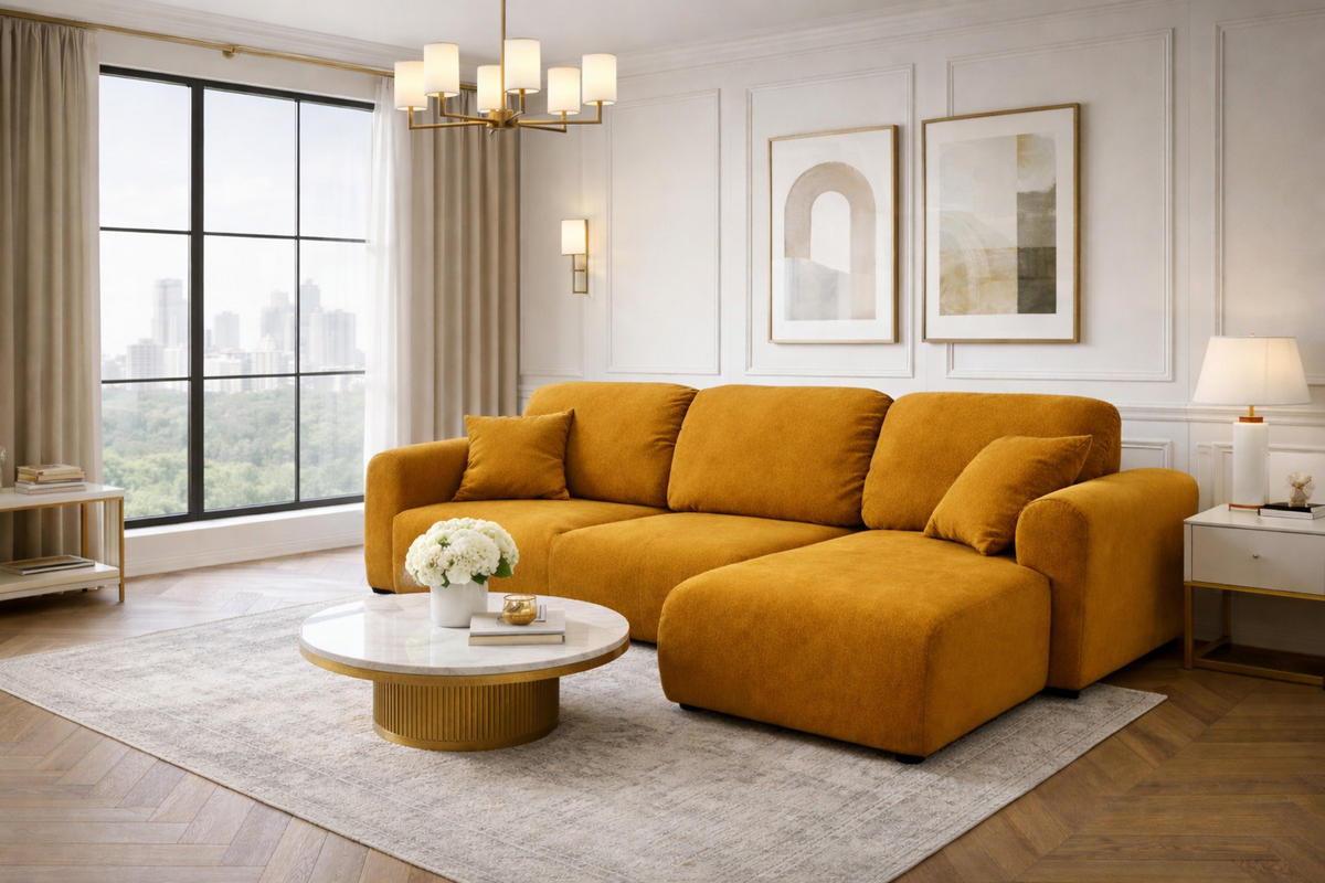 ECKSOFA Mit Schlaffunktion Und Bettkasten, Sofa L-Form Bingo L, Veloursstoff Salvador, Gelb, Rechts - Gelb, Holz (250/142cm) - Kaiser Möbel