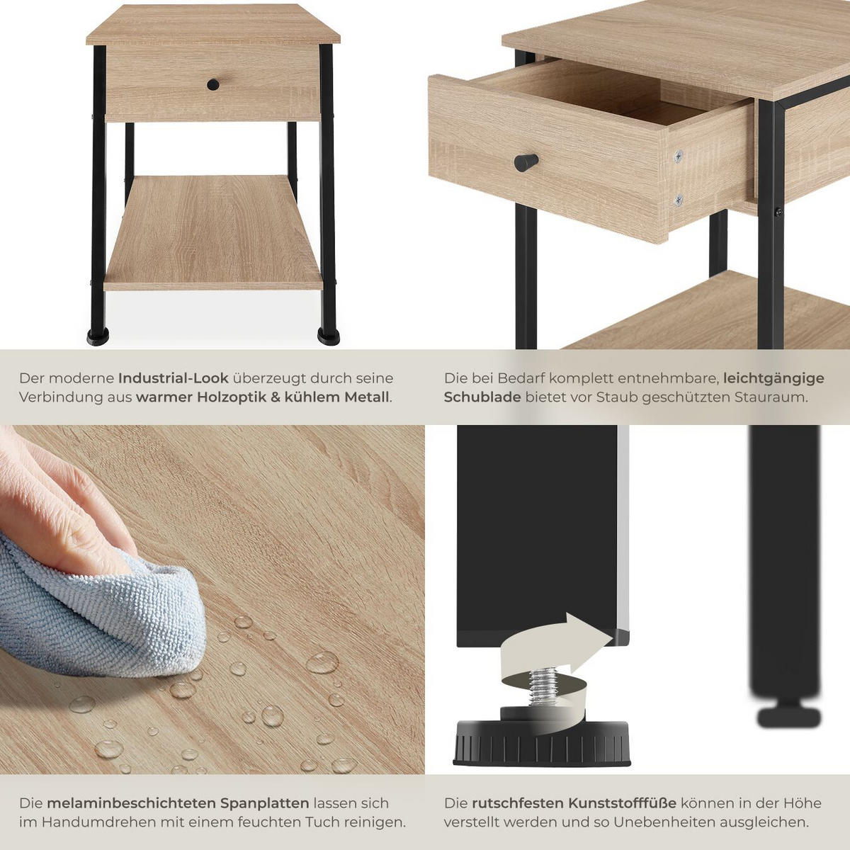 NACHTSCHRANK Bradford, 40 x 40 x 55,5 cm, Industrial Holz hell, Eiche Sonoma - Naturfarben, Holzwerkstoff (40/55.5/40cm) - tectake