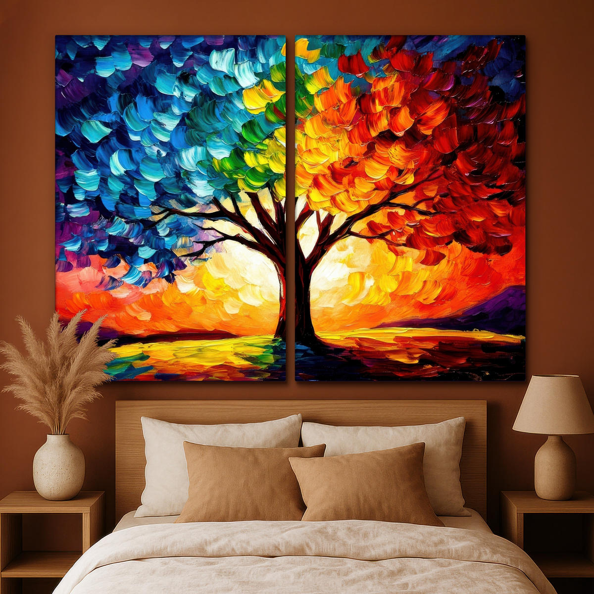 LEINWANDBILD 2er Set Baum - Farbenfroh - Malerei-Look - Abstrakt 240x180 cm - Multicolor, Textil (240/180cm) - MuchoWow