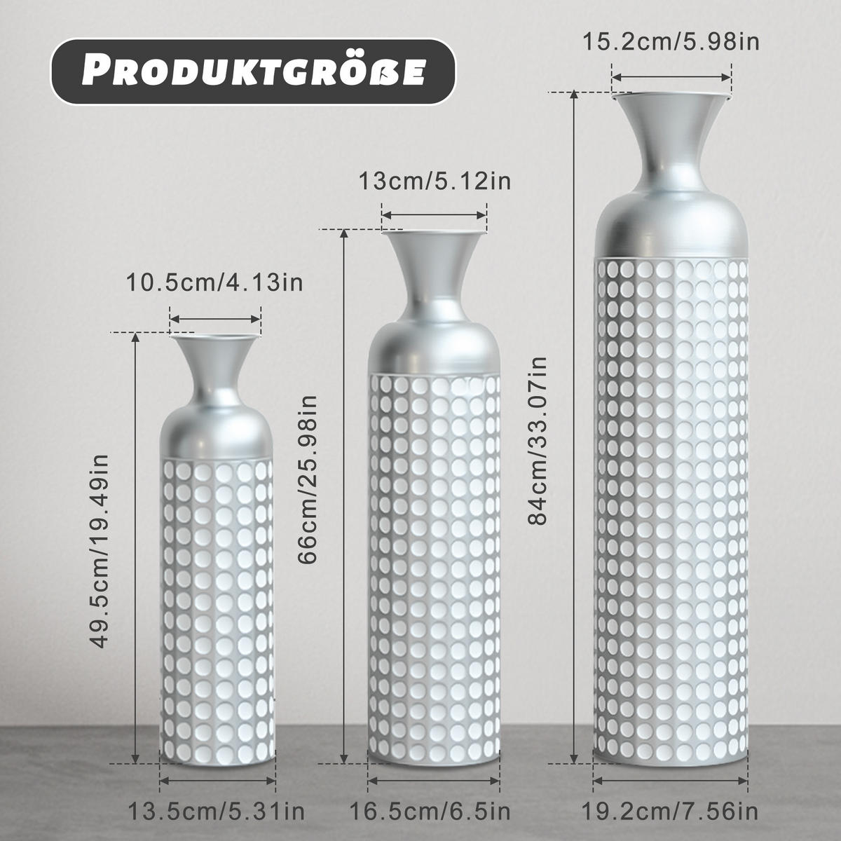 BODENVASE 3-tlg 49,5-84cm Metall-Bodenvase Silber Hochglanz Dekovase Punktmuster - Silberfarben, Metall (24.5cm) - Raelunyi