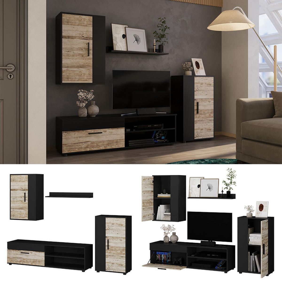 WOHNWAND Berno Anthrazit/Beige 4-teiliges Set - Anthrazit/Beige, Holzwerkstoff (139.8/38.9/35.4cm) - Vicco