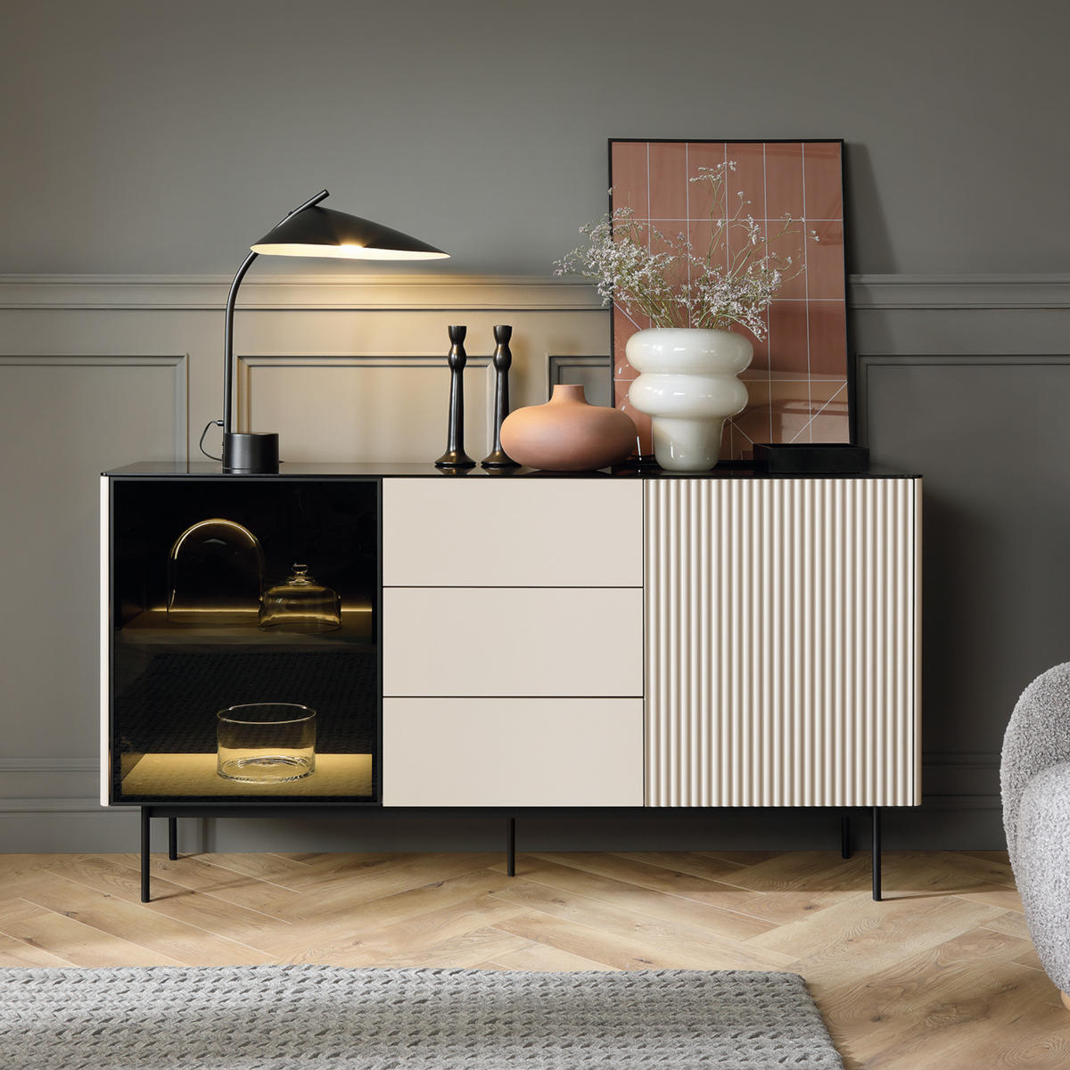SIDEBOARD OLDEN KOM2 Glasplatte Kaschmir - Kaschmir, Glas/Holzwerkstoff (157/84/39cm) - Komodee