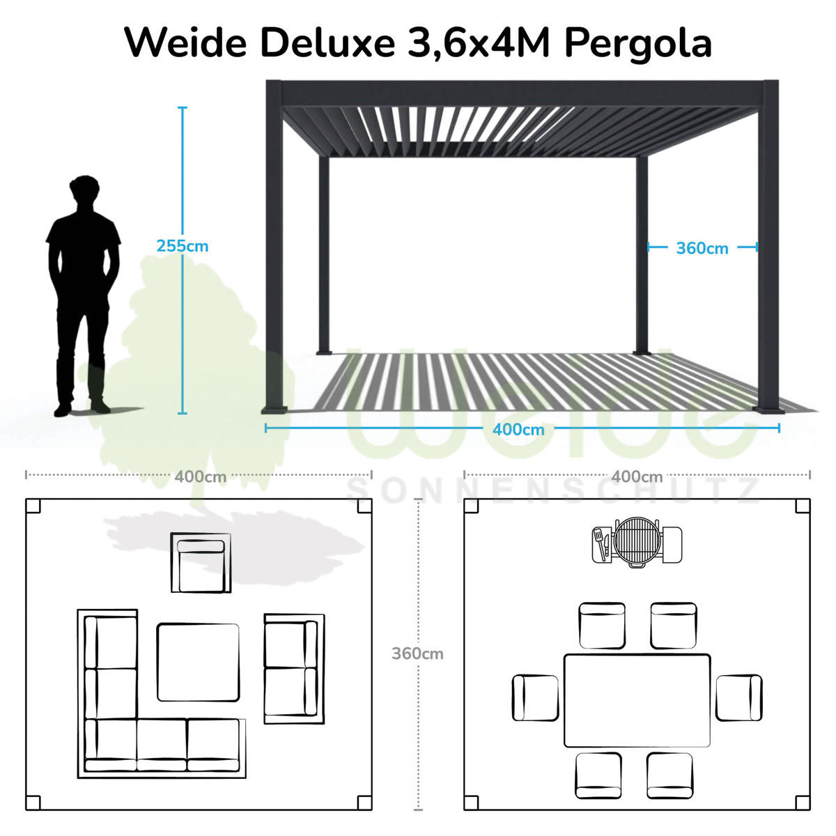 TERRASSENÜBERDACHUNG Deluxe 3,6x4 M Elektrisch Pavillon Aluminium LED - Schwarz, Metall (360/255/400cm) - WEIDE
