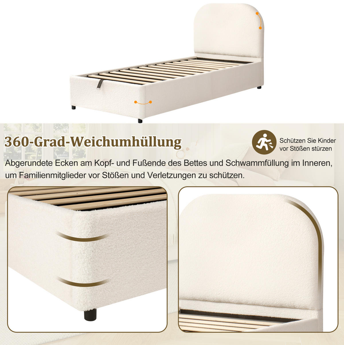 KINDERBETT aus Bouclé 90x200 cm Beige mit Lattenrost und hydraulischem Stauraum - Beige, Holzwerkstoff (90/200cm) - Modfu