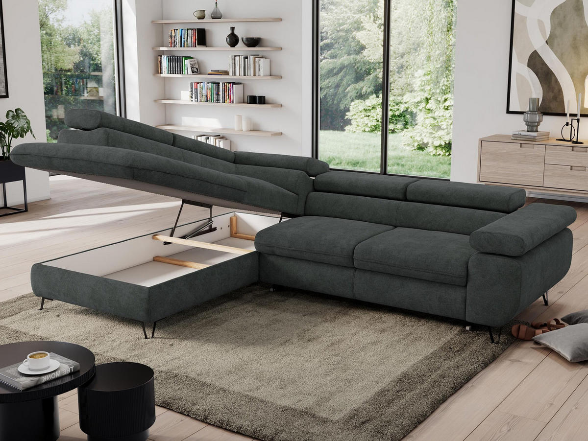 ECKSOFA PEDRO L Dunkelgrau Struktur - Links Seite - Dunkelgrau/Schwarz, Textil/Metall (208/273cm) - MKS