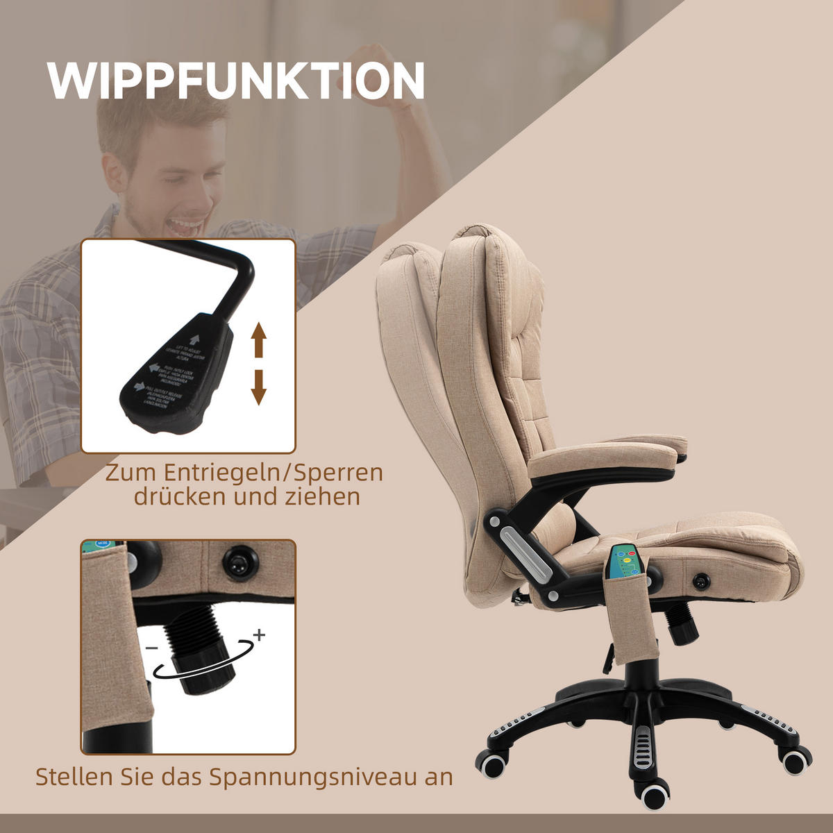 BÜROSTUHL mit Vibrationsmassage, Ergonomisch Schreibtischstuhl Höhenverstellbar - Schwarz/Braun, Kunststoff/Textil (74/116/67cm) - Vinsetto
