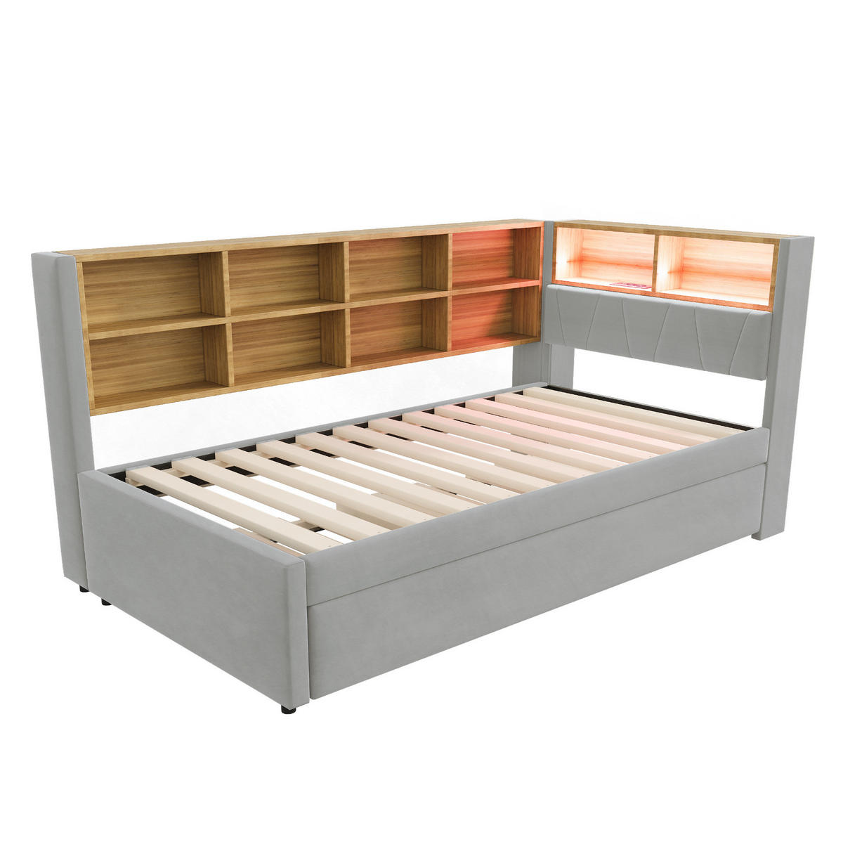 POLSTERBETT 90/200 cm mit Ausziehbett und LED-Beleuchtung - Hellgrau, Textil (90/200cm) - BEAOK