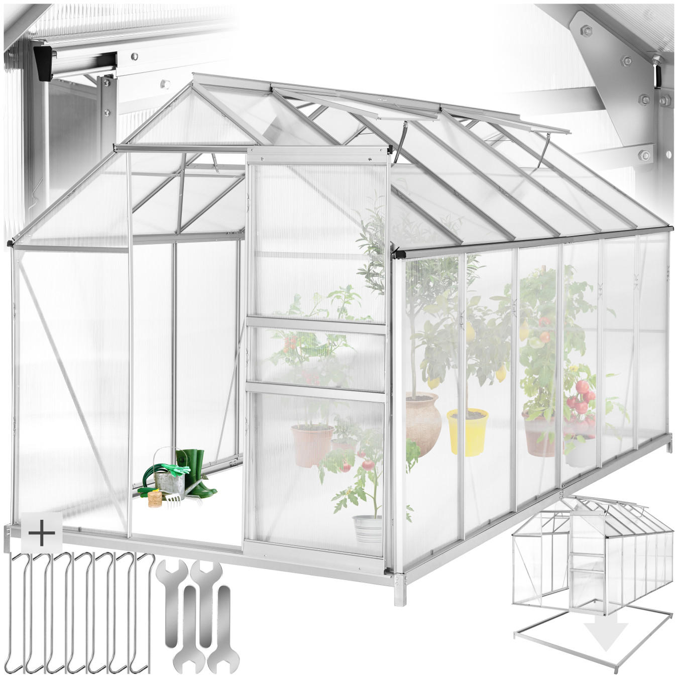 GEWÄCHSHAUS MIT FUNDAMENT, 185 x 375 x 195 cm,transparent - Transparent, Metall (185/195/375cm) - tectake