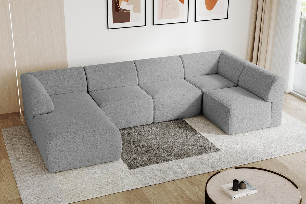WOHNLANDSCHAFT Ottomane Links MOVA 345x180x78 Hellgrau Bouclé - Silberfarben/Hellgrau, Holzwerkstoff/Kunststoff (180/78/345cm) - ALTDECOR