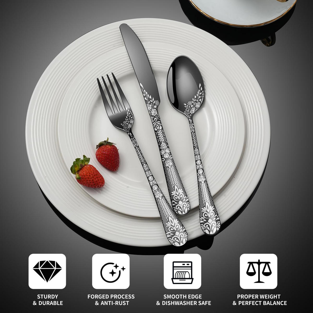 BESTECKSET 20-teilig Edelstahl - Schwarz, Metall - Kaket