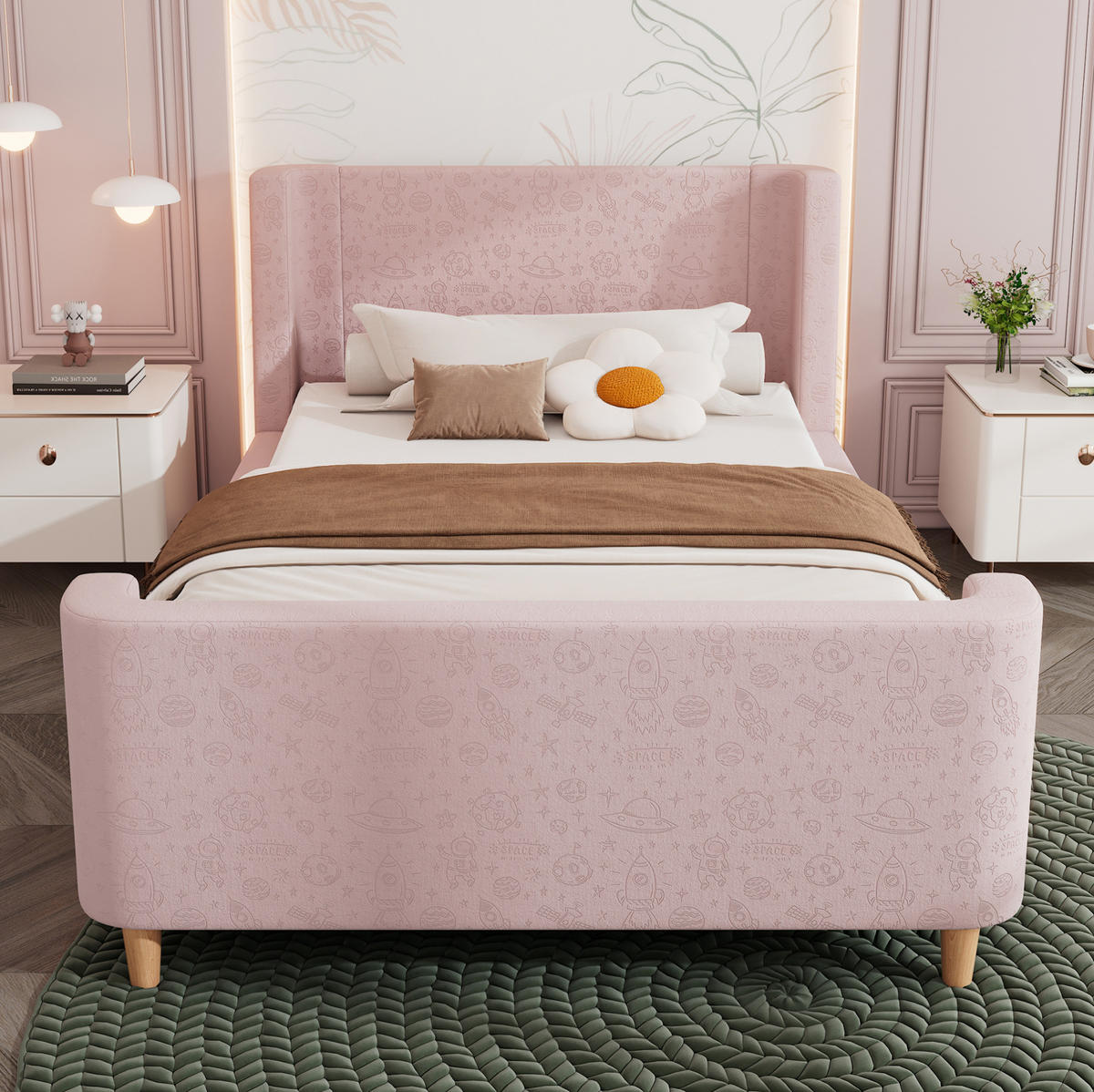 KINDERBETT 90/200 cm in Rosa mit Samtbezug und Weltraummuster - Pink, Textil (90/200cm) - BEAOK