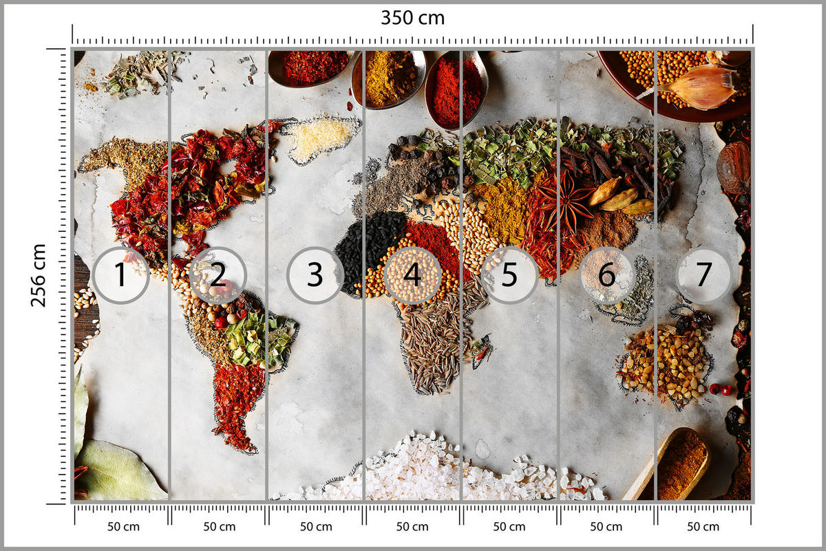 FOTOTAPETE für Küche Gewürz-Weltkarte Kulinarisch Kunst 350x256 - Beige/Gelb, Papier (350/256cm) - Muralo