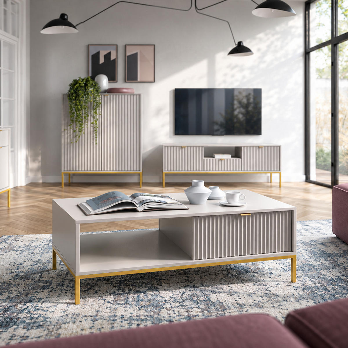 COUCHTISCH Kioto 104 cm in Grau mit Schubladen und Metallbeinen - Goldfarben/Grau, Holzwerkstoff/Metall (68/104/46cm) - Ravio