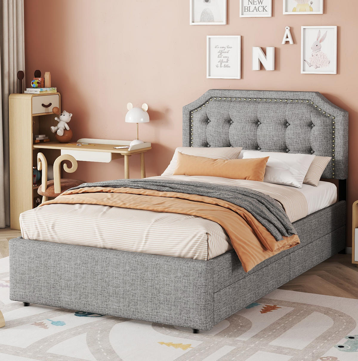 POLSTERBETT 90/200 cm grau mit Aufbewahrung und verstellbarem Nachttisch - Grau, Textil (90/200cm) - OKWISH