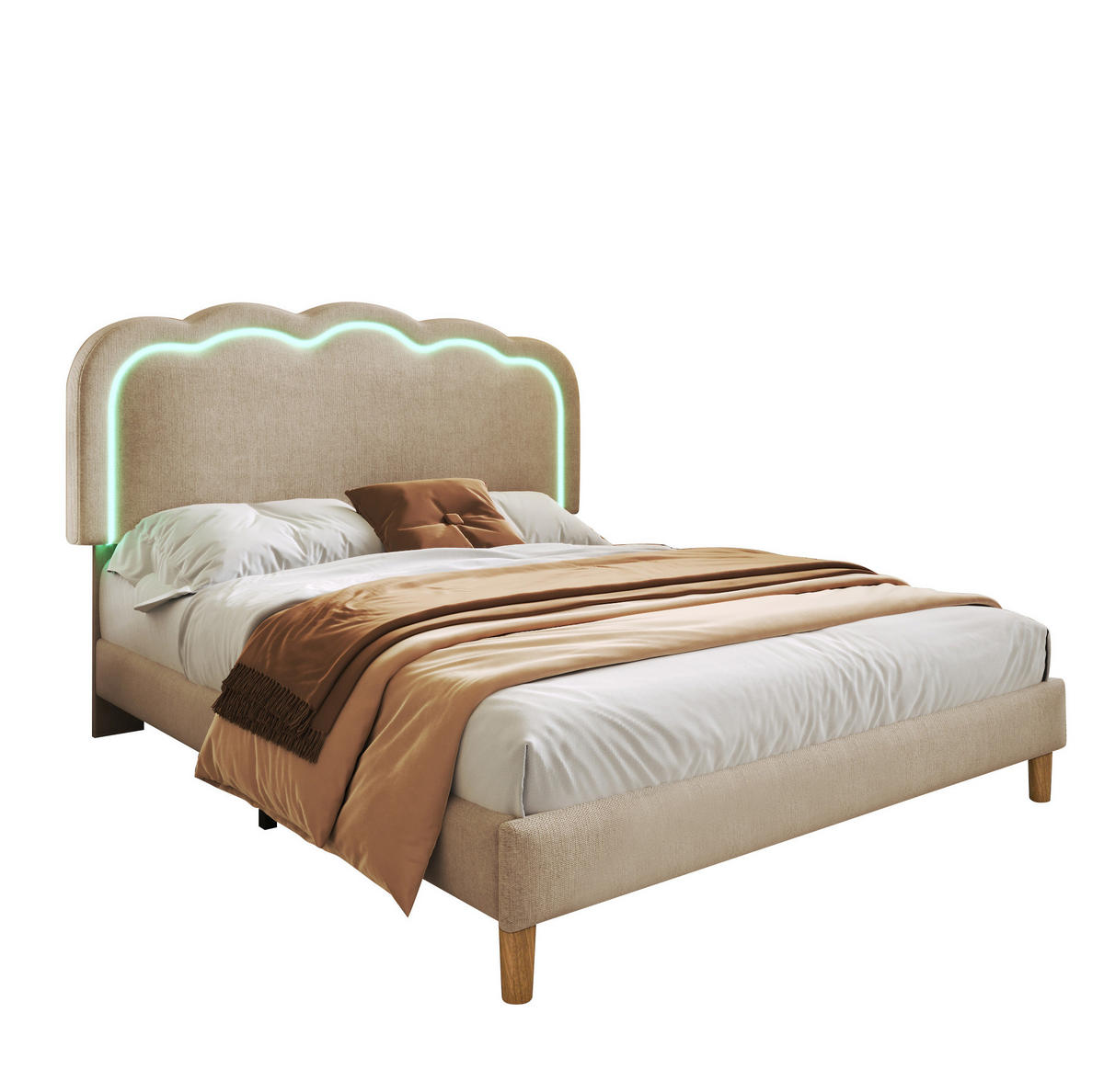 POLSTERBETT 140/200 cm aus Leinen mit LED-Kopfteil Beige - Beige, Textil (140/200cm) - Modenvie