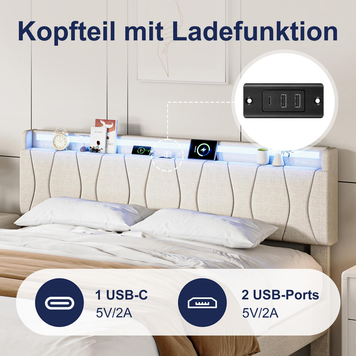 MANŽELSKÁ POSTEĽ 140x200 cm s LED, USB-C, ľanovým poťahom a lamelovým roštom - béžová, drevo (140/200cm) - SHOPENTRA