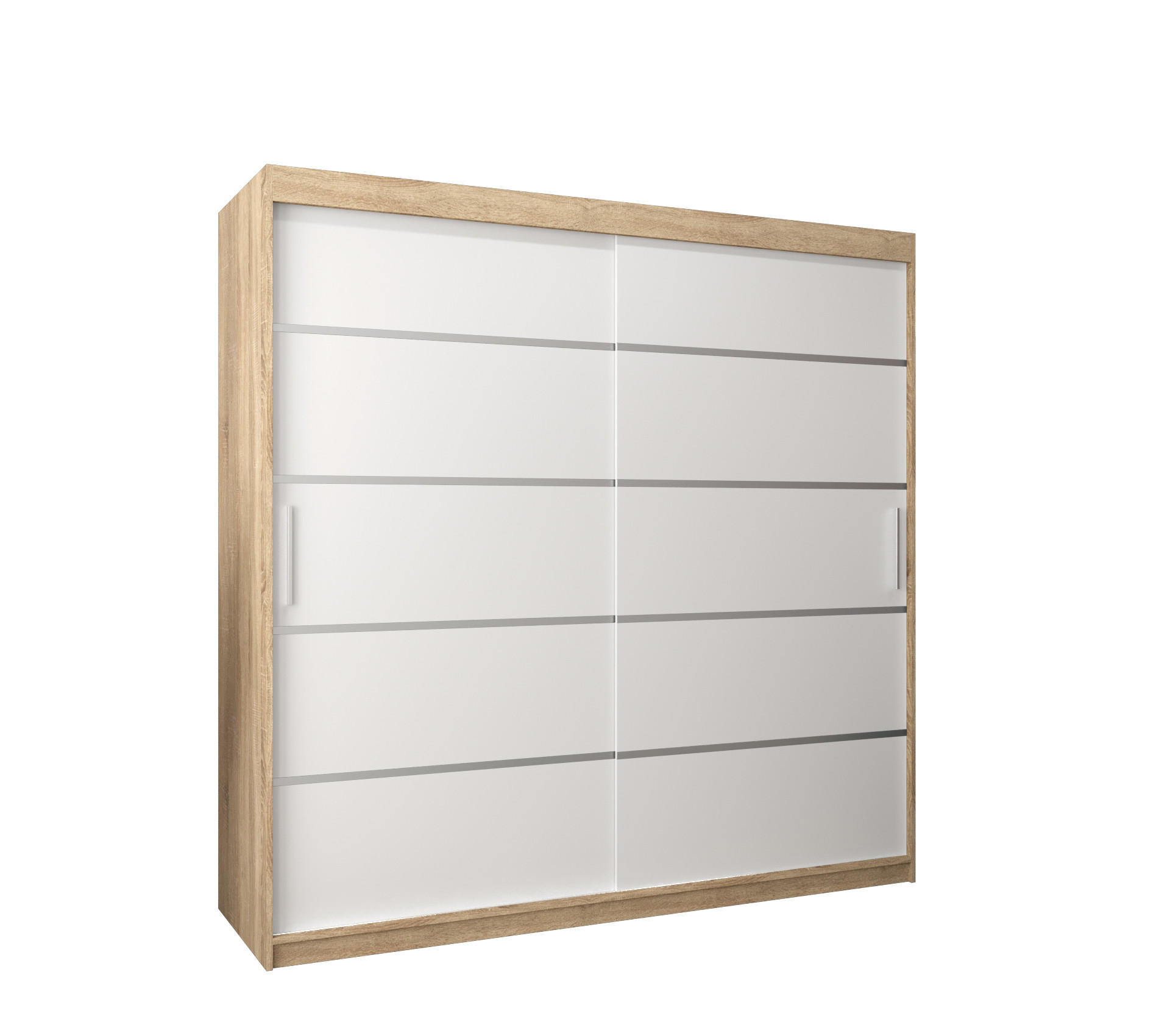 Möbel Kryspol Schwebetürenschrank Sonoma Eiche, Weiß, Silber 250x200x62 cm