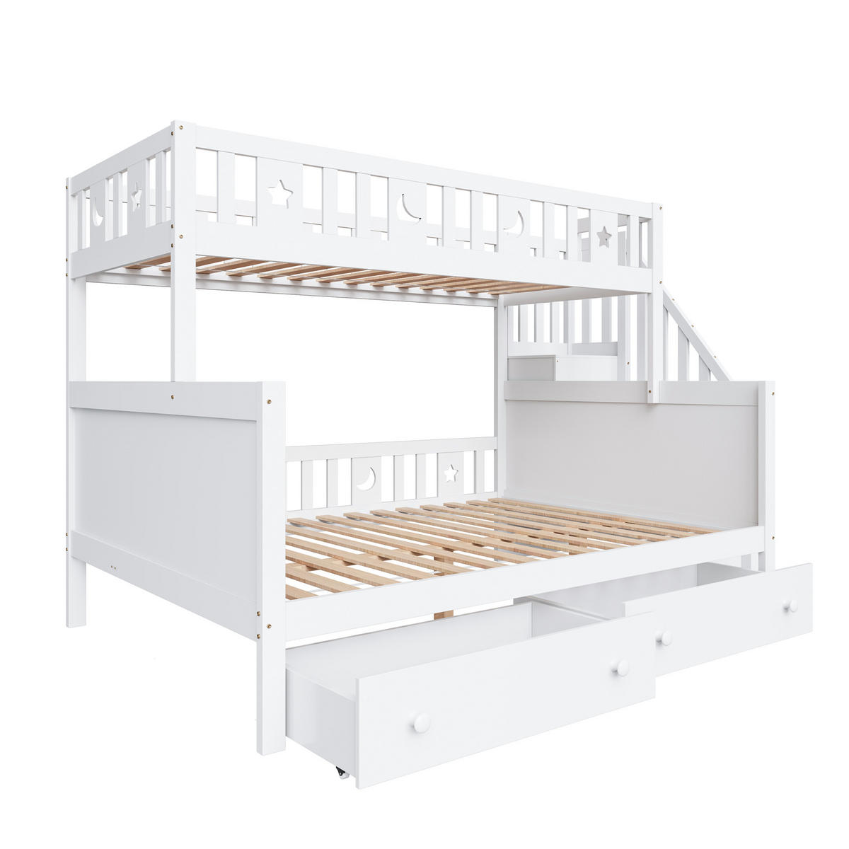 ETAGENBETT aus Massivholz 90x200/140x200 cm in Weiß mit Treppe & 2 Schubladen - Weiß, Holz (90/200cm) - Modfu