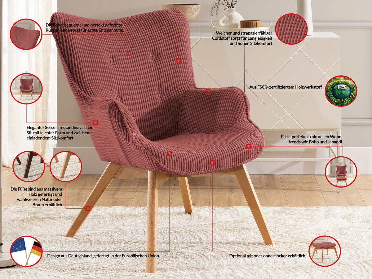 LOUNGESESSEL mit Fußhocker Lenari Terrakotta Cordstoff mit Füßen in Natur - Terra cotta/Naturfarben, Holz/Textil (71/96/86cm) - S-Style Möbel