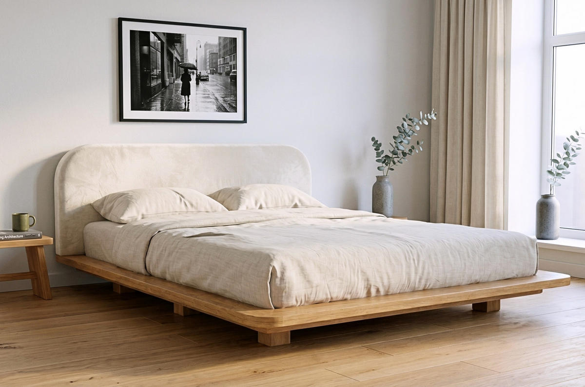 MASSIVHOLZBETT Eyko BORA, 180/200, Buche - lackiert, Samt-Kopfteil Ecru - Ecru/Buchefarben, Holz/Textil (180/200cm)