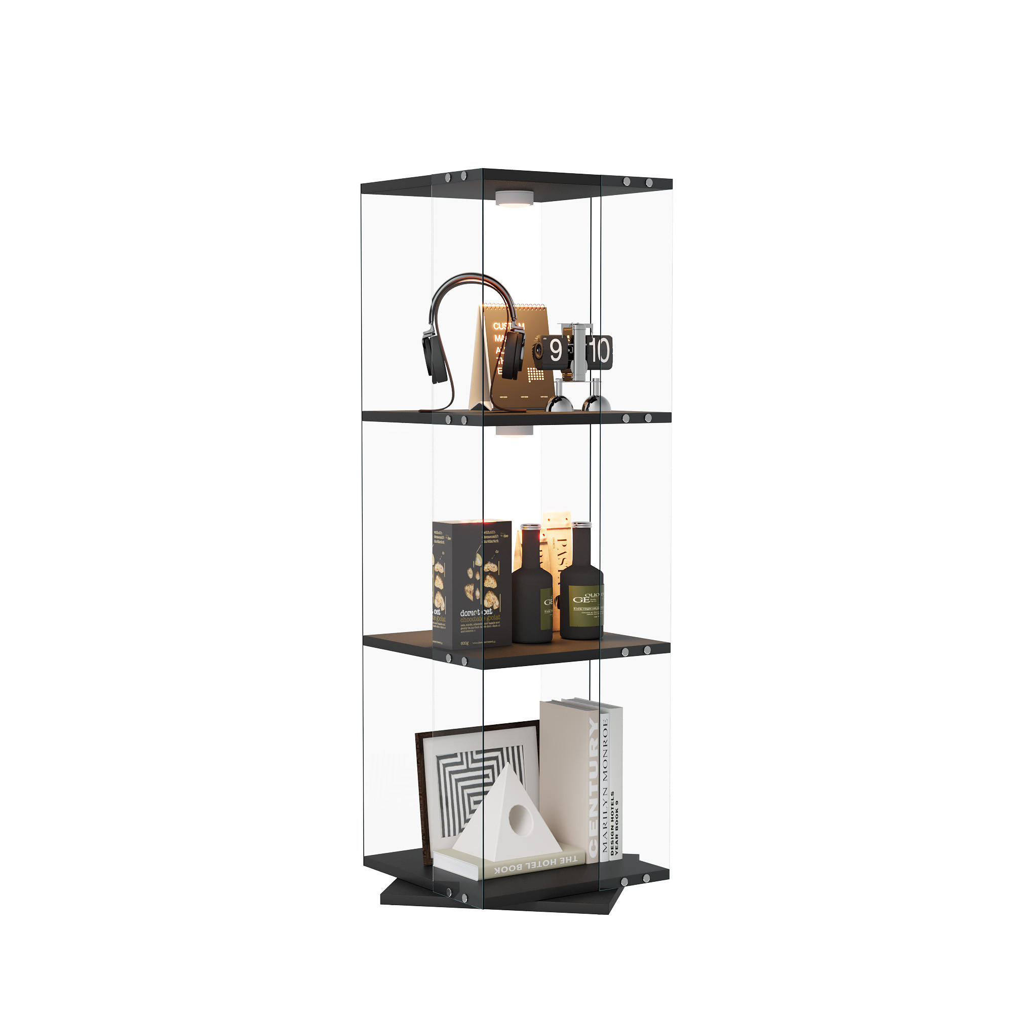 DREHVITRINE 360° mit RGB LED, 3 Ebenen, Glasvitrine schwarz für Deko - Schwarz, Glas (38/121/38cm) - SHOPENTRA