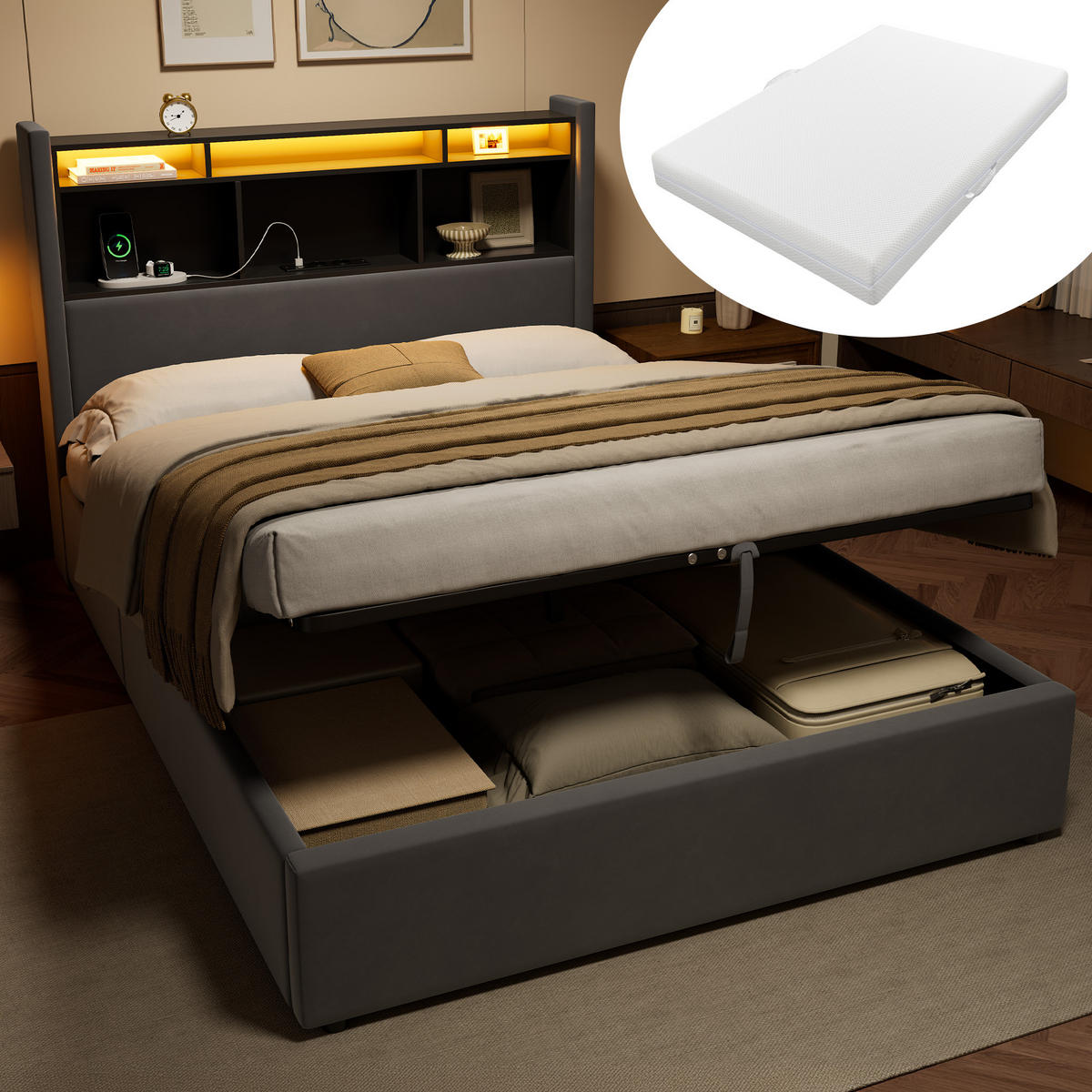 POLSTERBETT 140×200 mit LED-Beleuchtung,Kopfteilablage und Matratze - Grau, Holzwerkstoff/Textil (140/200cm) - EVRYAE