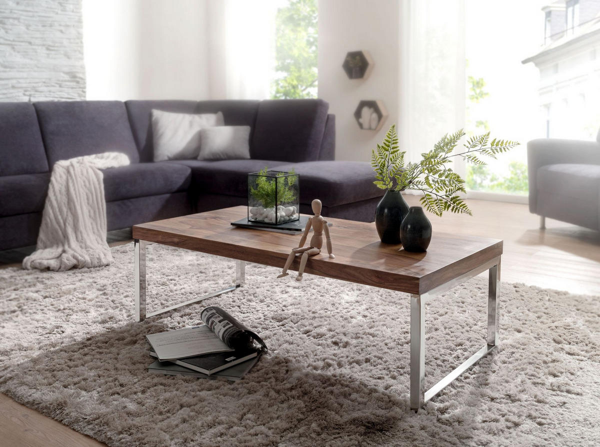 COUCHTISCH Massivholz mit Chromfüßen Handgefertigt, Braun 120x60x40 cm - Silberfarben/Braun, Holz/Metall (60/120/40cm) - KADIMA DESIGN
