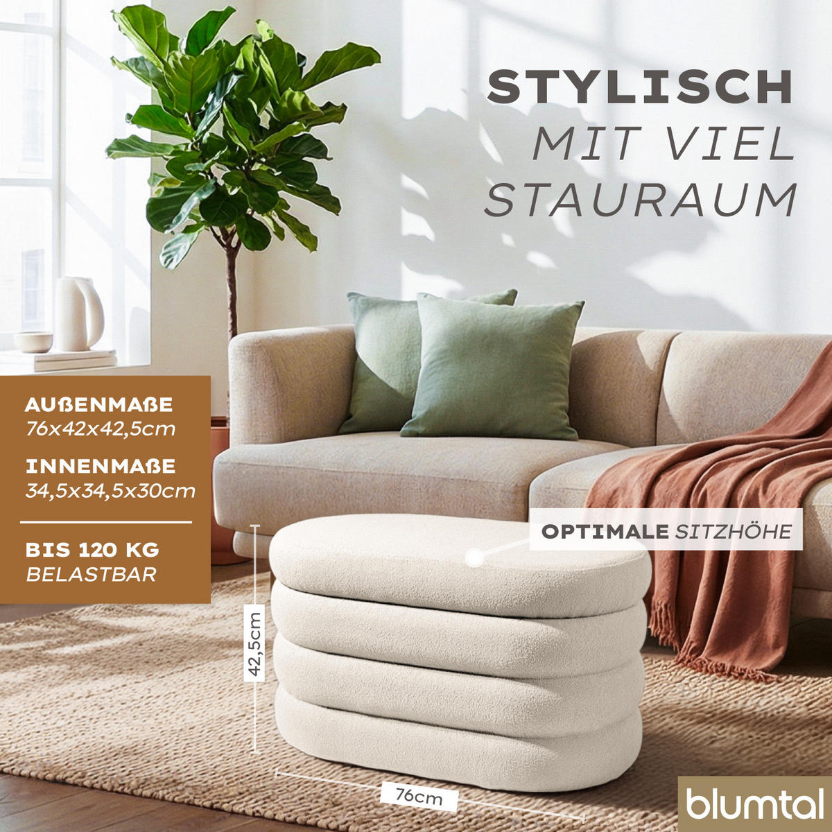 SITZBANK mit Stauraum Oval – Bouclé Sitztruhe Creme - Beige, Textil (42/42.5/76cm) - Blumtal