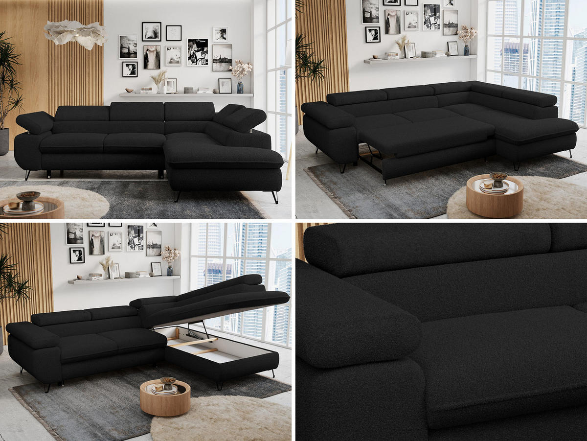 ECKSOFA PETER L Schwarz Boucle - Rechts Seite - Schwarz, Textil/Metall (273/208cm) - MKS