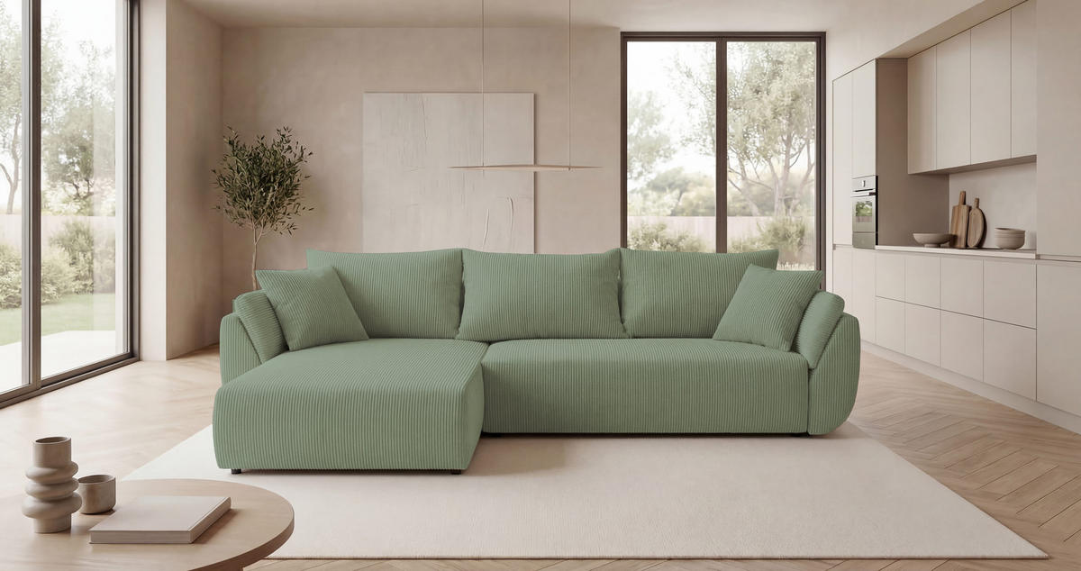 ROHOVÁ pohovka SYDNEY levá světle zelená manšestr Poso 47 - funkce spaní, úložný prostor - světle zelená, textil (280/174cm) - Cornero
