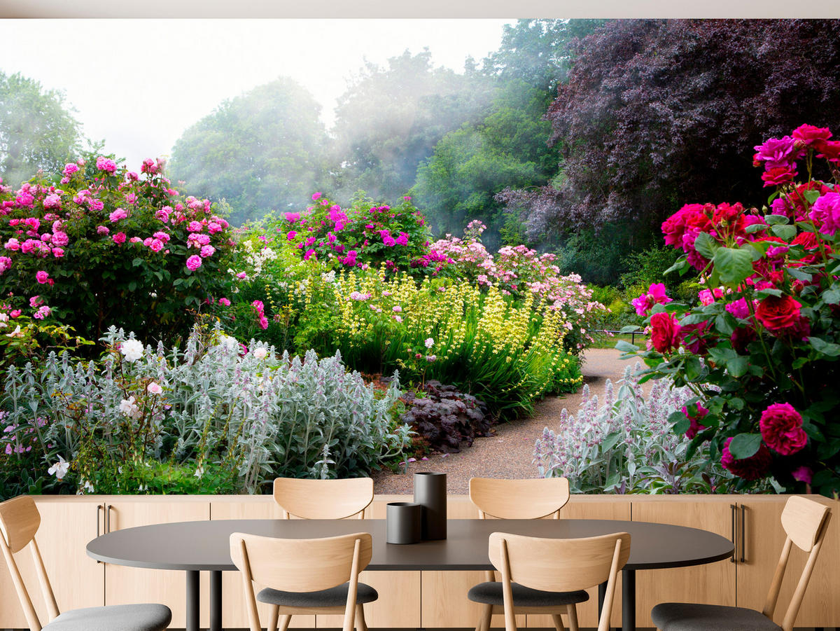 FOTOTAPETE für Schlafzimmer Bunte Blumen Waldweg Rosen Bäume 450x315 - Gelb/Violett, Papier (450/315cm) - Muralo