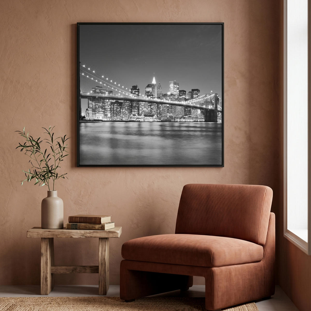 LEINWAND Bilder mit Rahmen - New York - Brücke - Brooklyn - Schwarz und weiß - Architektur - 90x90 - Schwarz, Textil (90/90cm) - MuchoWow