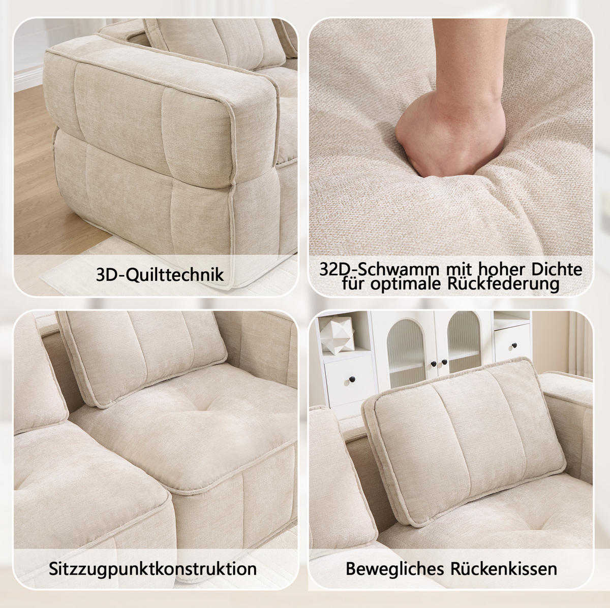 SOFA 198/93/67 cm in Beige aus Polyester mit modularer Sitzfläche - Beige, Kunststoff (93/67/198cm) - Flora Grace