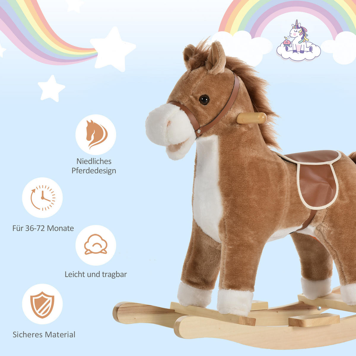 KINDER SCHAUKELTIER, Braun/Rosa, Plüsch+ Holz - Braun, Holz (32.5/61/65cm) - HOMCOM
