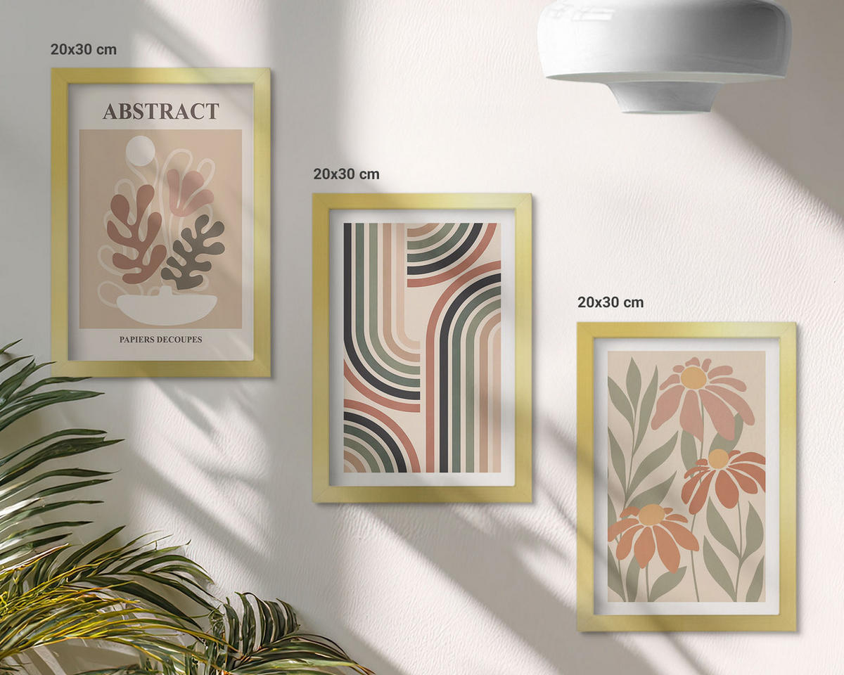 WANDBILDER 3er Set - 20x30 cm Goldrahmen - Abstrakte Pflanzen in Pastellfarben - Goldfarben, Kunststoff (20/30cm) - ArtPrintCave