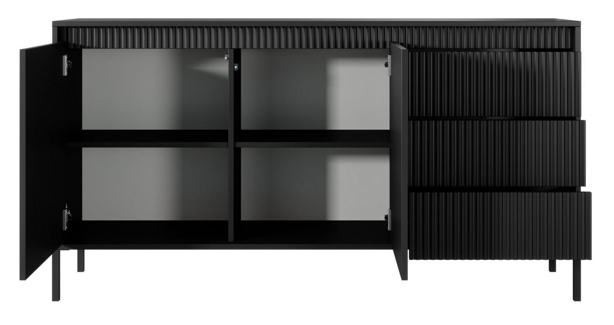 KOMMODE Schwarz 153 2D3S ENSO Gerillt - Schwarz, Holzwerkstoff (153.5/81.4/39.5cm) - Sepro Meble