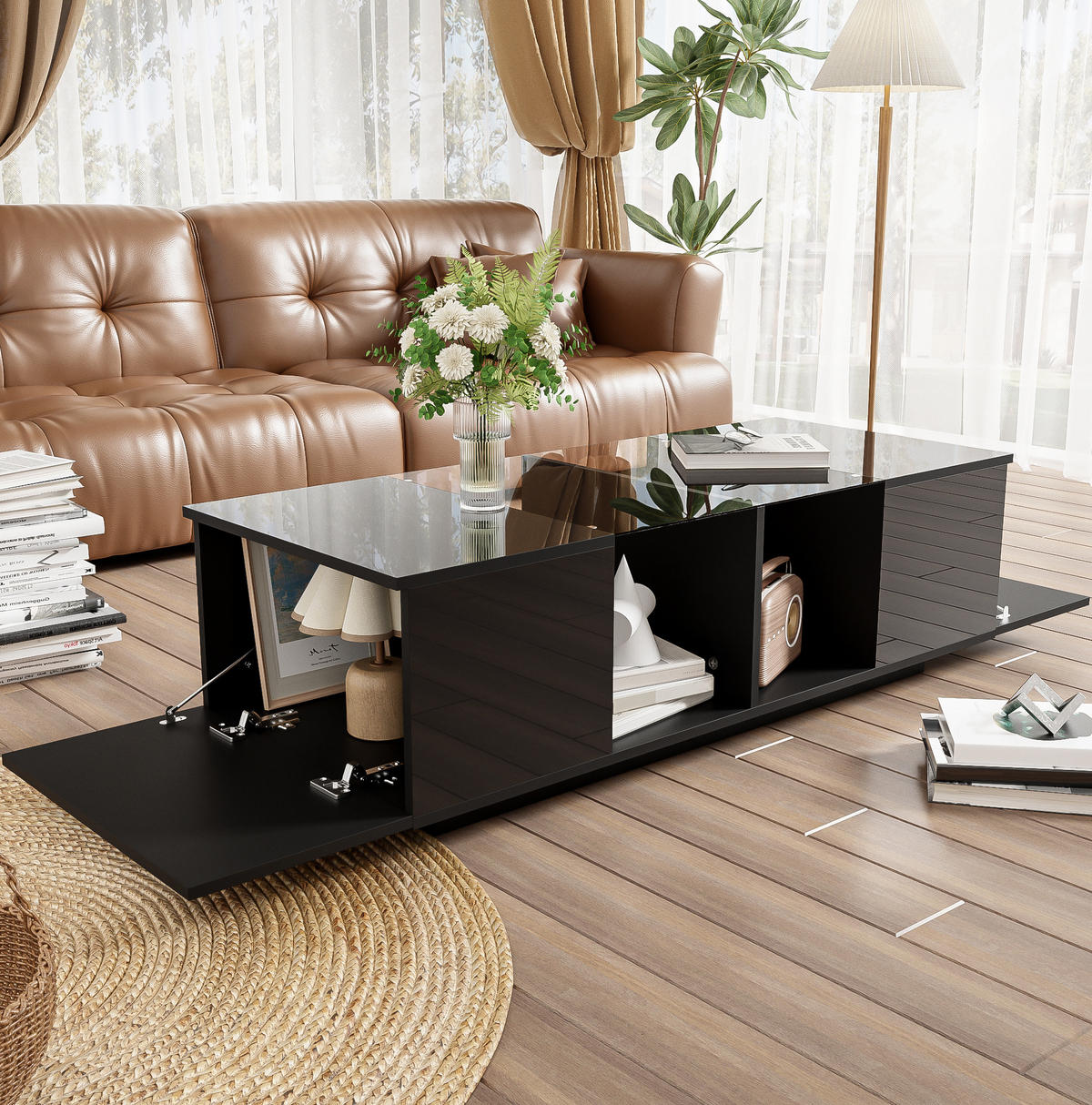 COUCHTISCH, Hochglanz/Matt mit Glasplatte und steuerbarer LED, 120/50/38,5 cm, Schwarz - Schwarz, Holzwerkstoff (120/50/38.5cm) - Redom