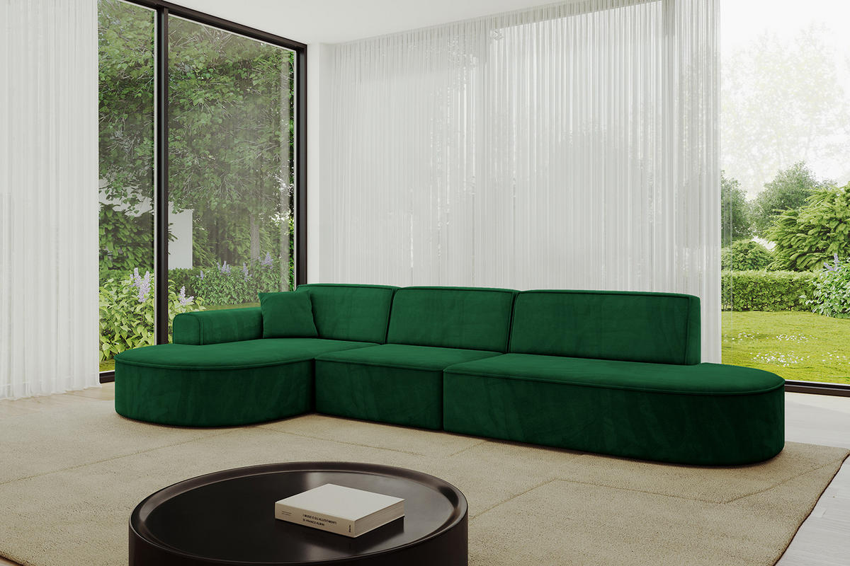ECKSOFA Ottomane Links MARI-L2 - 328x171x79 cm Dunkelgrün Velours - Dunkelgrün/Schwarz, Holzwerkstoff/Kunststoff (328/171cm) - ALTDECOR
